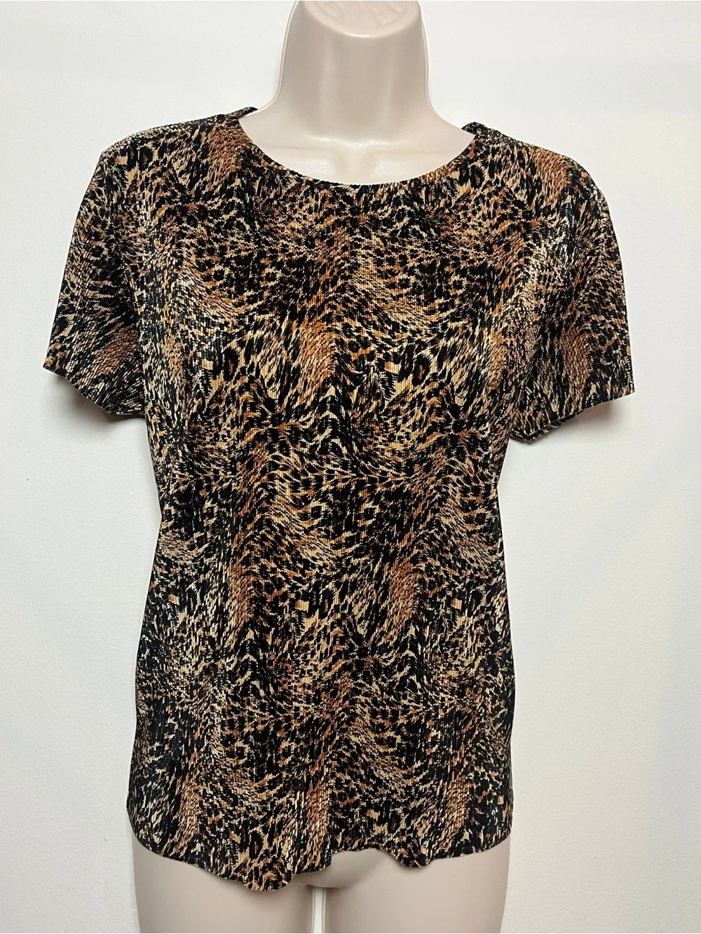 Vintage Animal Print Pleated Top Large Short Sleeve Glam Stretch Whimsigoth